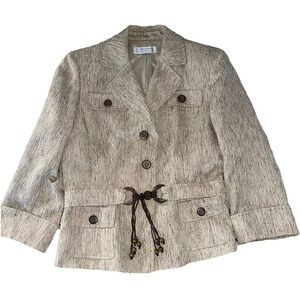 Tahari Arthur S Levine Size 6 Beige Tan Textured Belted Button Front Blazer EUC